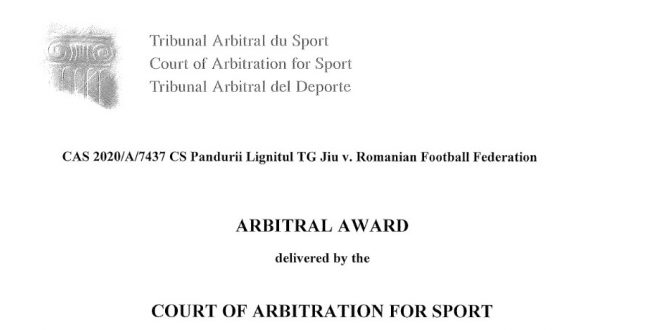 COMUNICAT / Pandurii Târgu Jiu a câştigat procesul cu FRF de la Tribunalul de Arbitraj Sportiv de la Lausanne